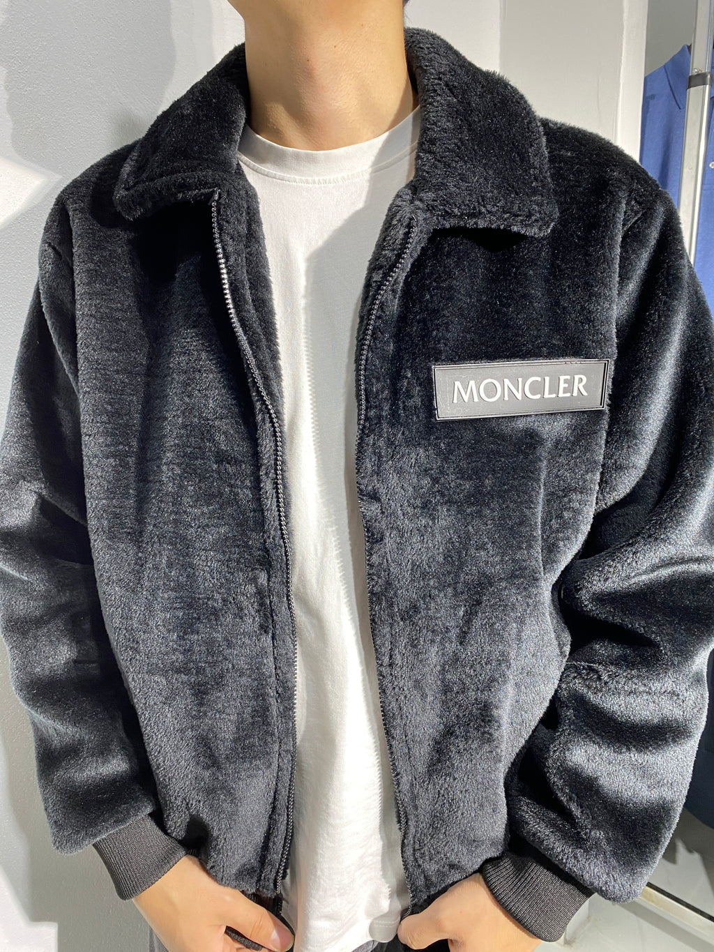 Moncler Erkek Siyah Peluş Fermuarlı Ceket